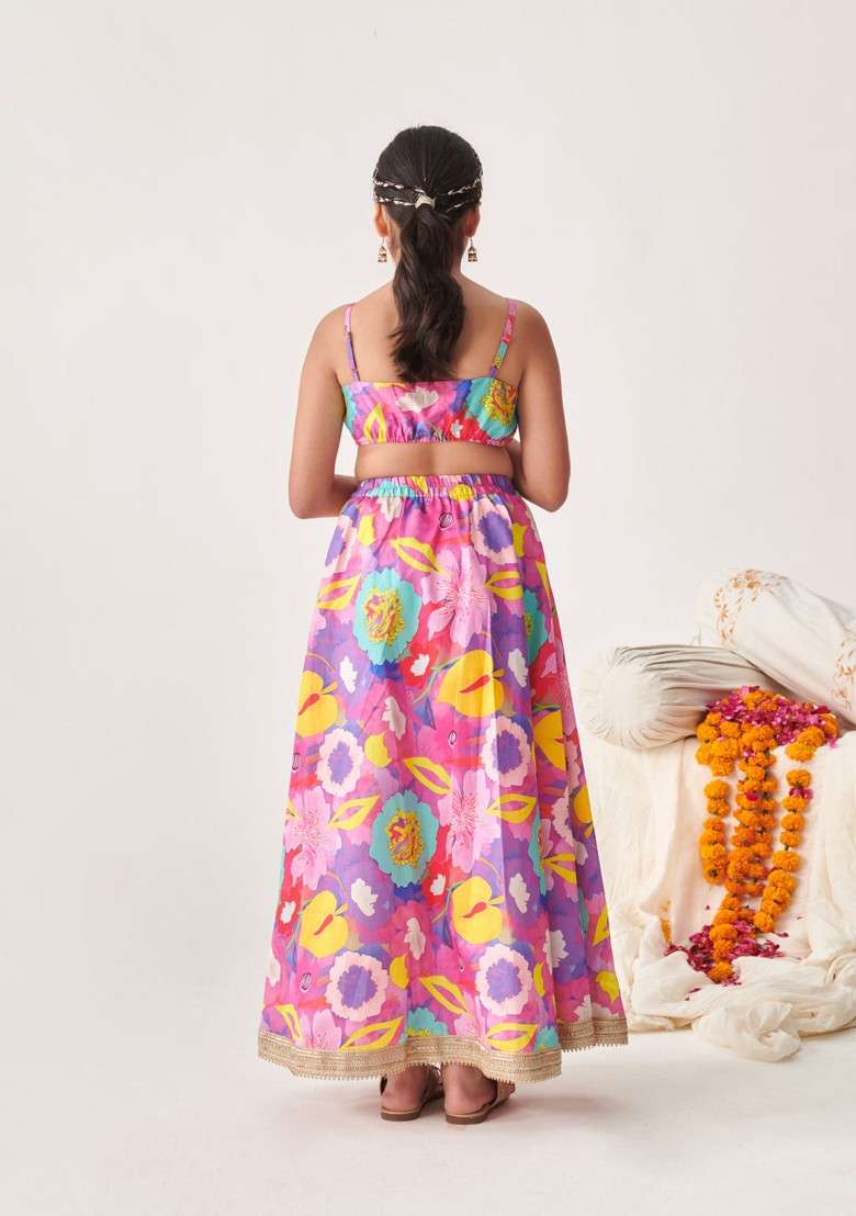 Purple Printed Lehenga With Blouse With Dupatta (Set of 3) - Indya