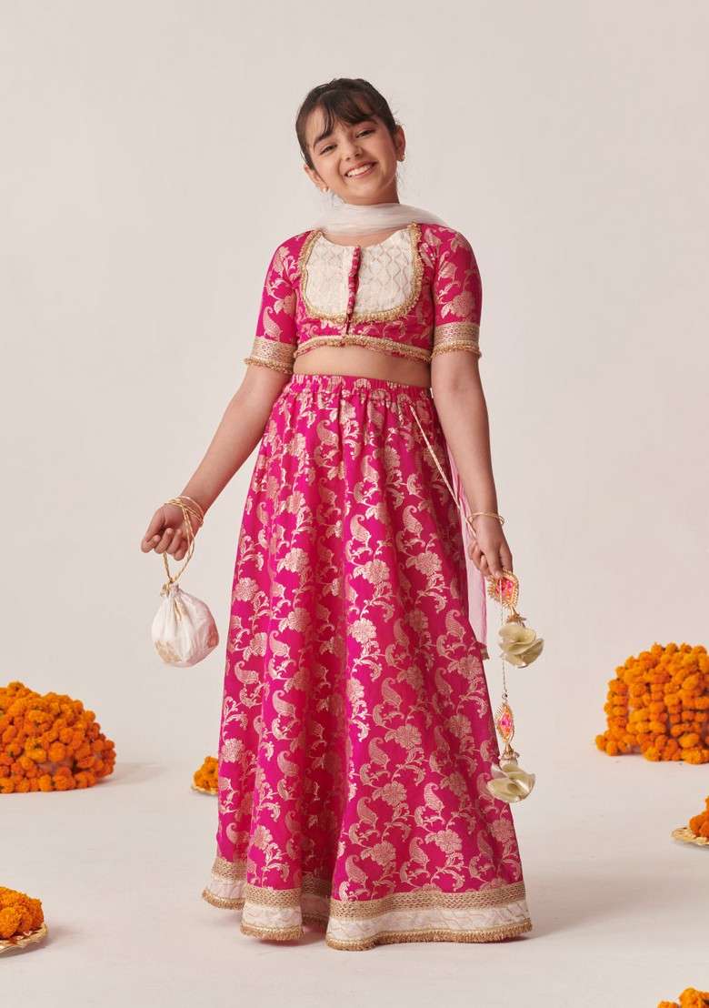 Magenta Printed Lehenga With Blouse With Dupatta (Set of 3) - Indya