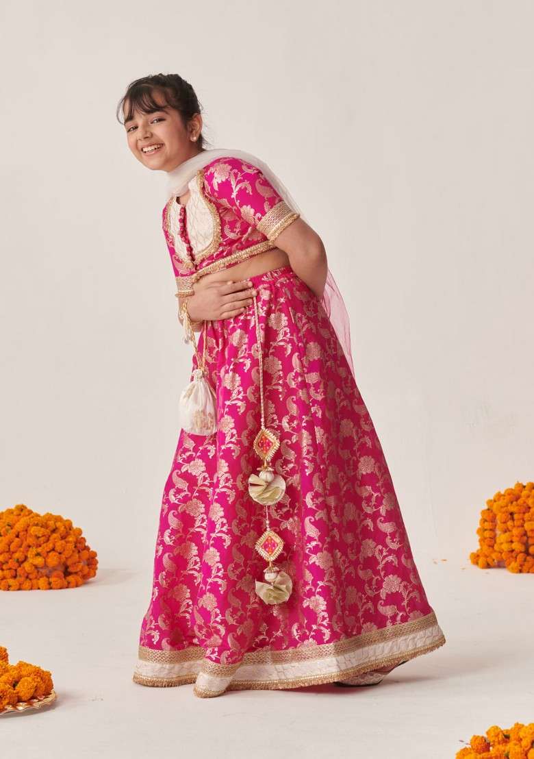 Magenta Printed Lehenga With Blouse With Dupatta (Set of 3) - Indya