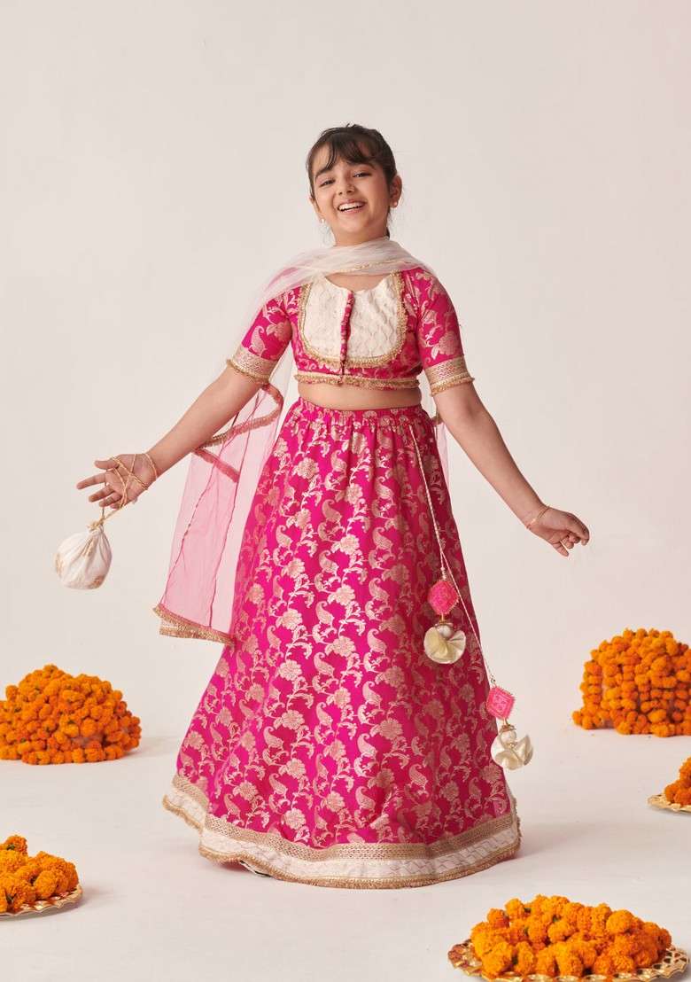 Magenta Printed Lehenga With Blouse With Dupatta (Set of 3) - Indya