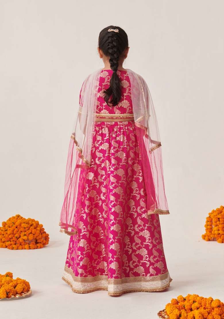 Magenta Printed Lehenga With Blouse With Dupatta (Set of 3) - Indya