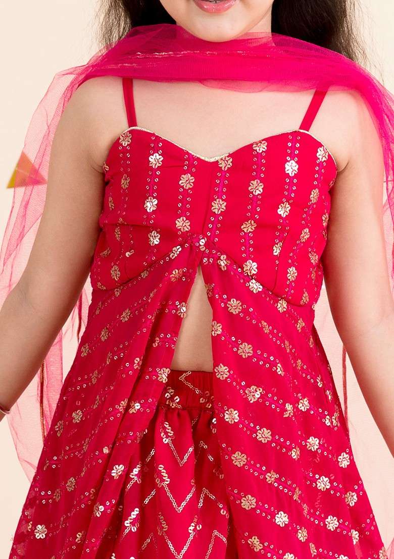 Magenta Embellished Lehenga With Blouse With Dupatta (Set of 3) - Indya