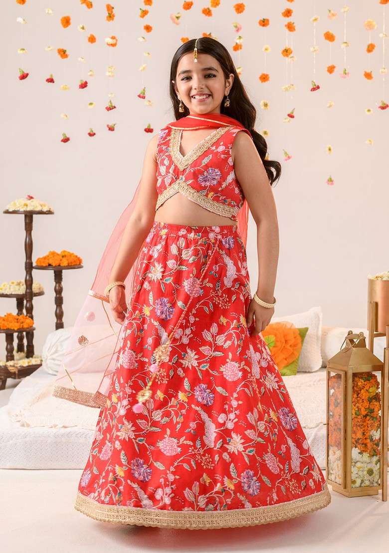Red Printed Lehenga With Blouse With Dupatta (Set of 3) - Indya
