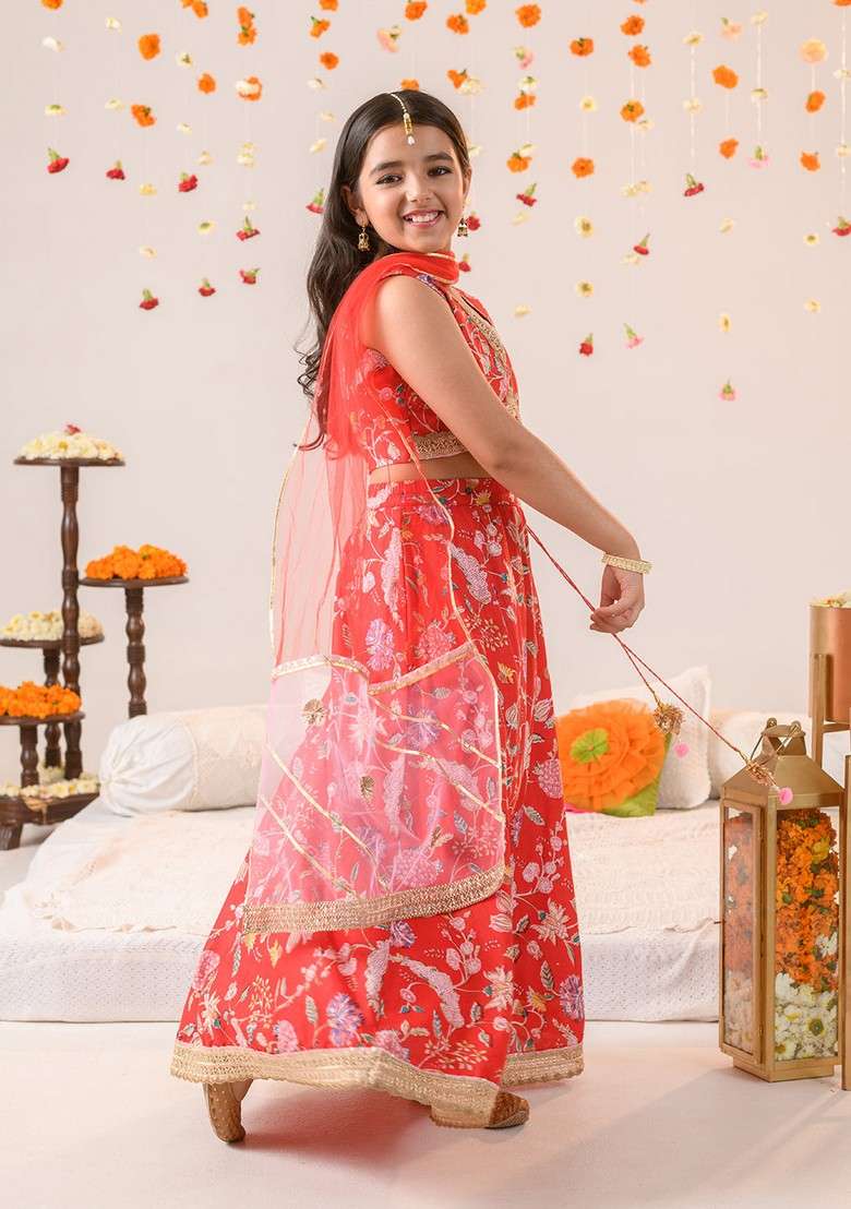 Red Printed Lehenga With Blouse With Dupatta (Set of 3) - Indya