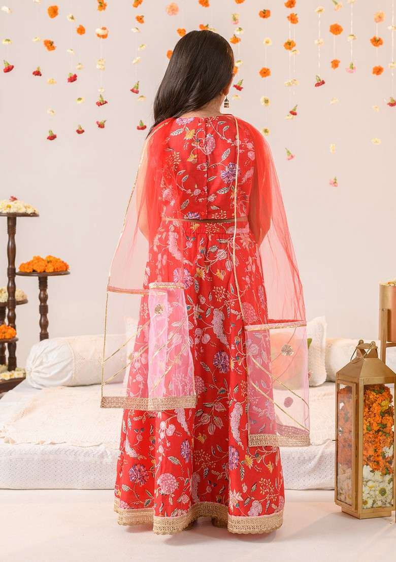 Red Printed Lehenga With Blouse With Dupatta (Set of 3) - Indya