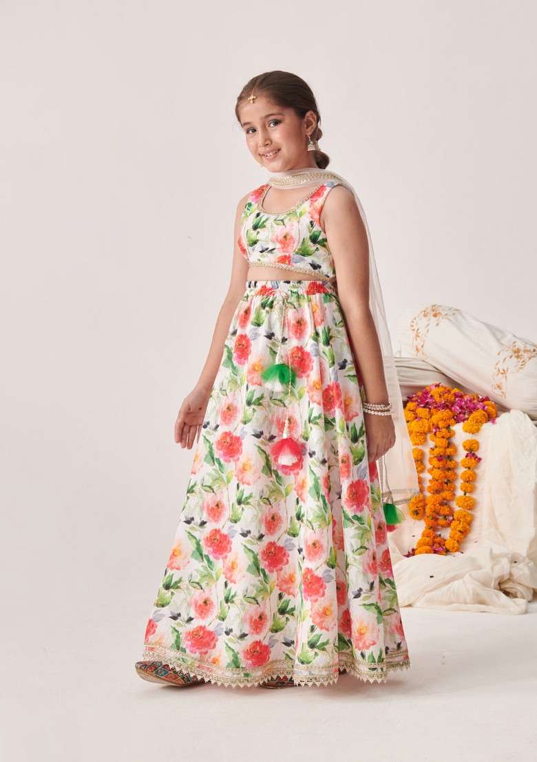 Multicolour Printed Lehenga With Blouse With Dupatta (Set of 3) - Indya