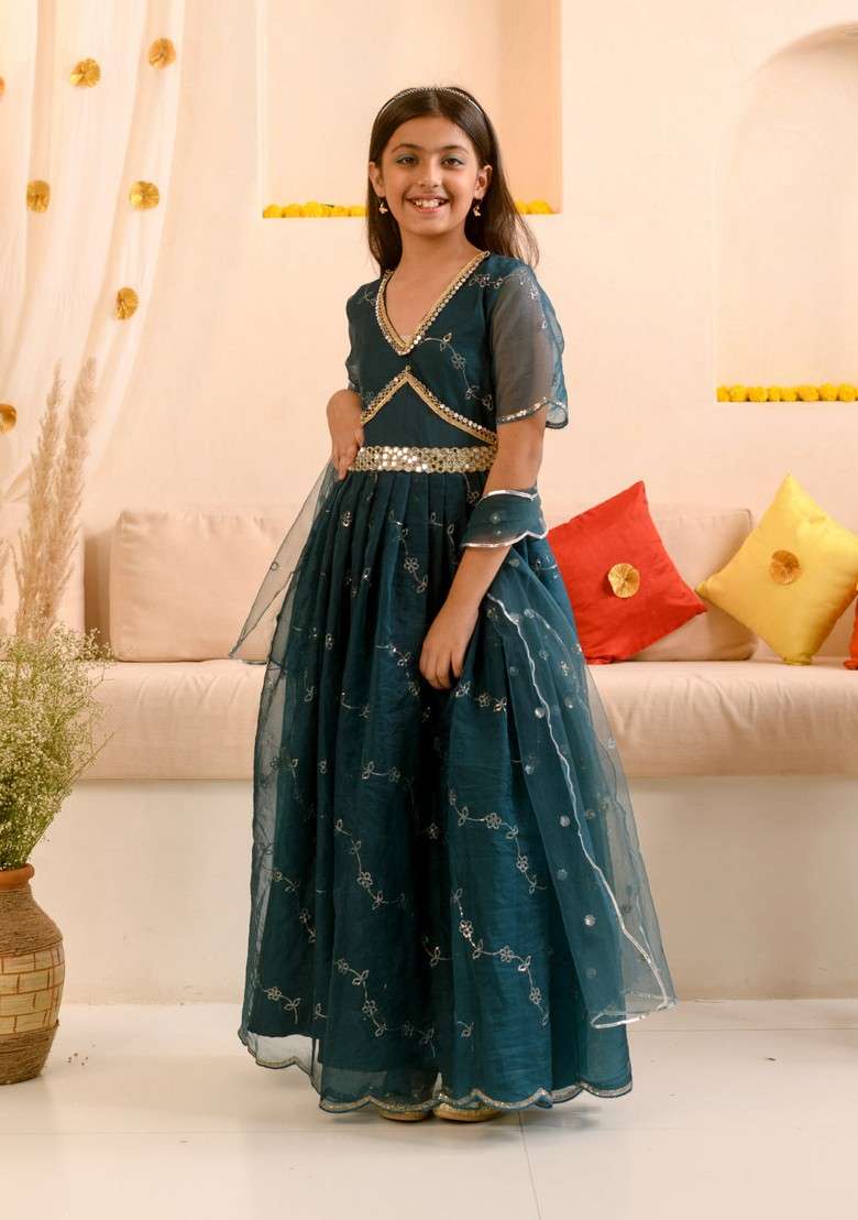 Teal Embellished Lehenga With Blouse With Dupatta (Set of 3) - Indya