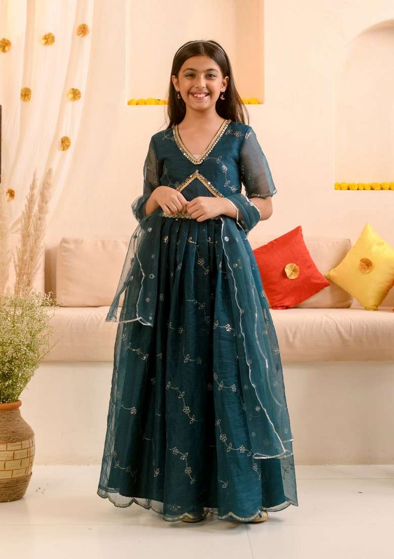 Teal Embellished Lehenga With Blouse With Dupatta (Set of 3) - Indya