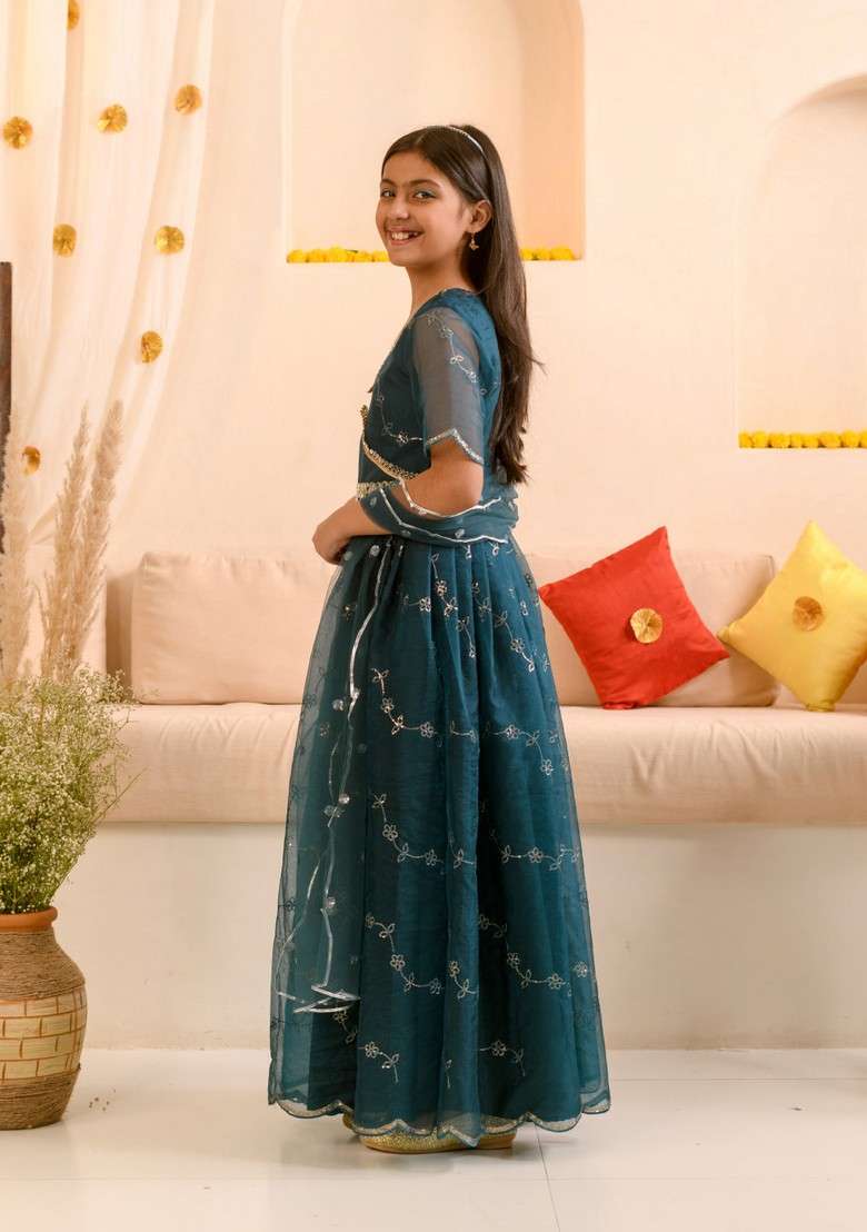 Teal Embellished Lehenga With Blouse With Dupatta (Set of 3) - Indya
