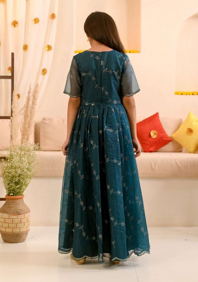 Teal Embellished Lehenga With Blouse With Dupatta (Set of 3) - Indya