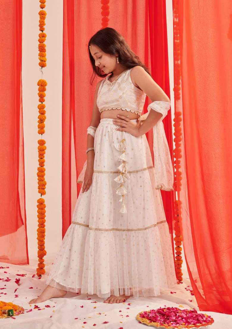 White Printed Lehenga With Blouse With Dupatta (Set of 3) - Indya