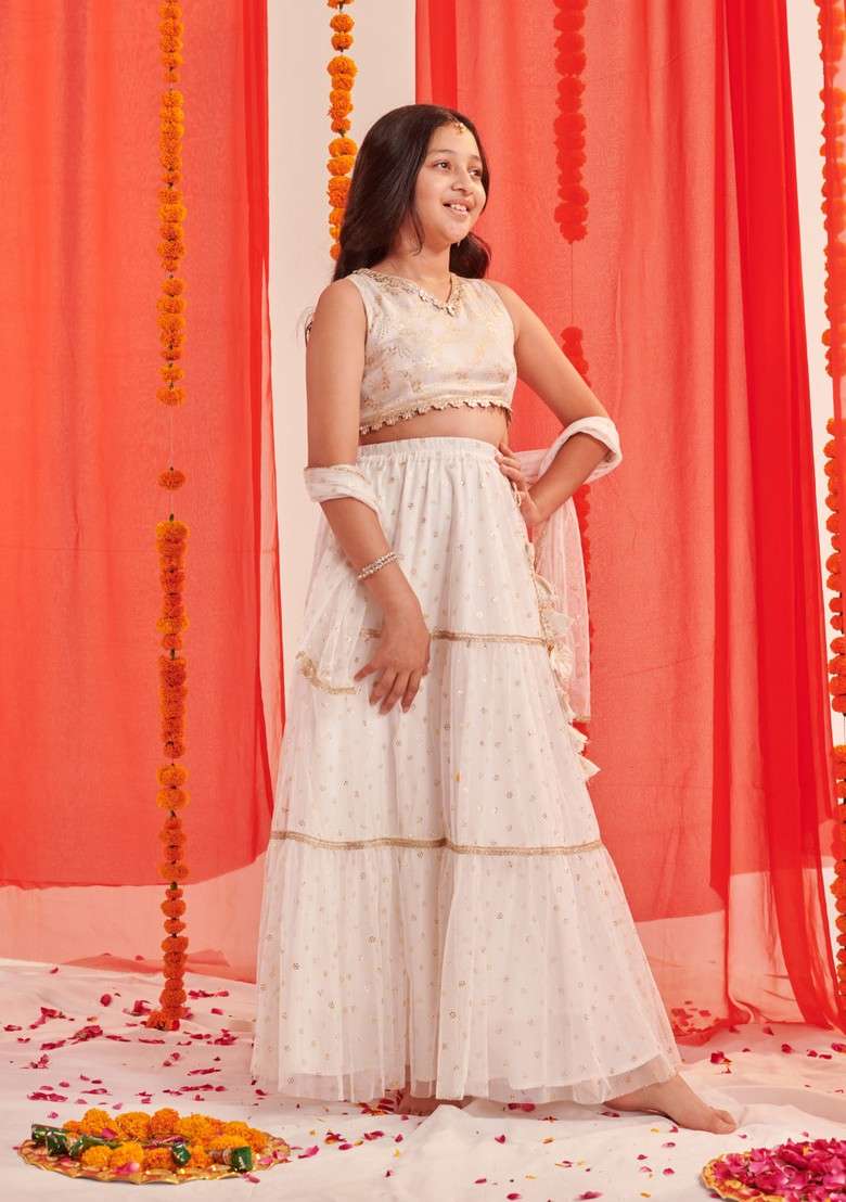 White Printed Lehenga With Blouse With Dupatta (Set of 3) - Indya