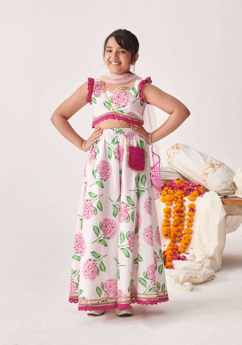 Wine Printed Lehenga With Blouse With Dupatta (Set of 3) - Indya