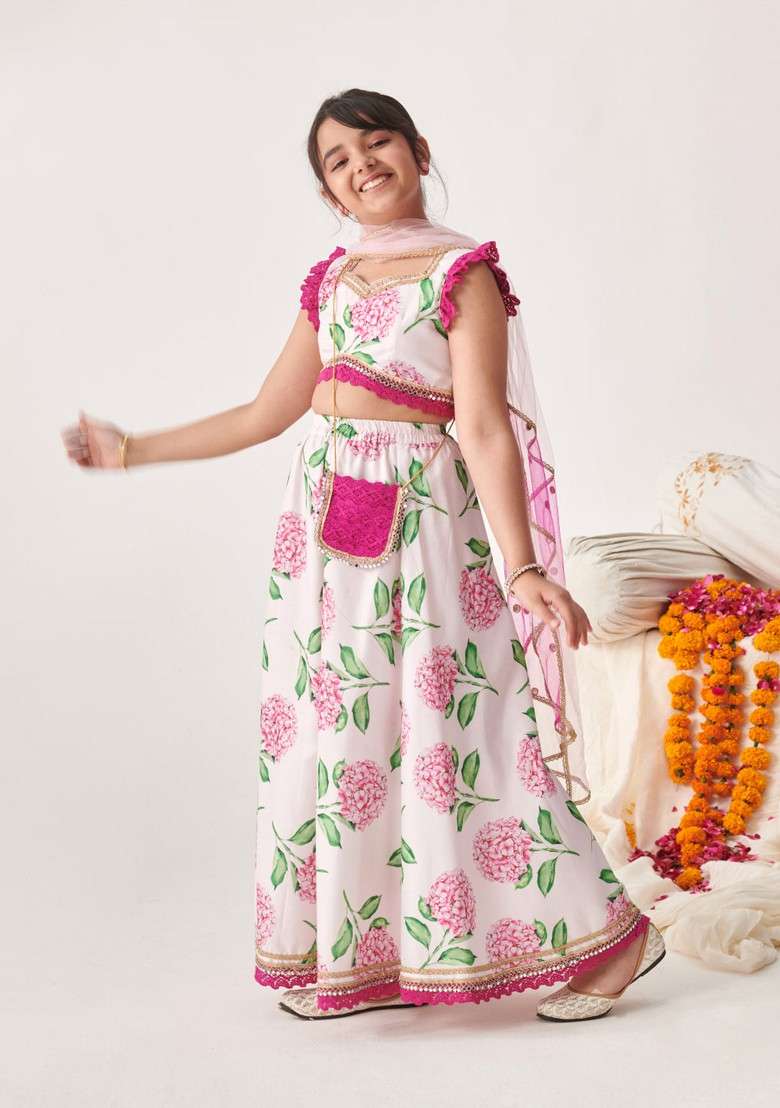 Wine Printed Lehenga With Blouse With Dupatta (Set of 3) - Indya