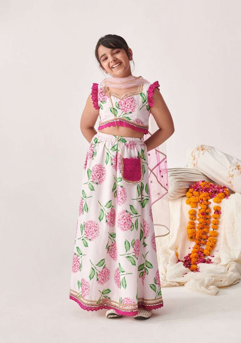 Wine Printed Lehenga With Blouse With Dupatta (Set of 3) - Indya