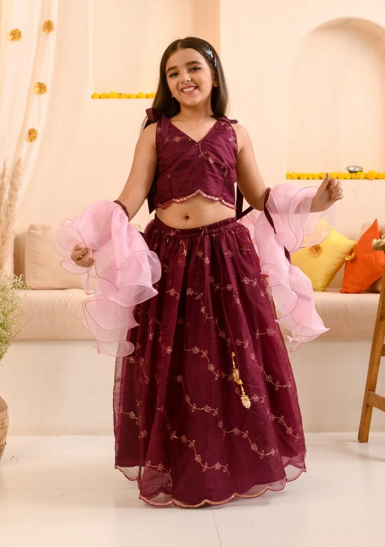 Wine Embellished Lehenga With Blouse With Dupatta (Set of 3)