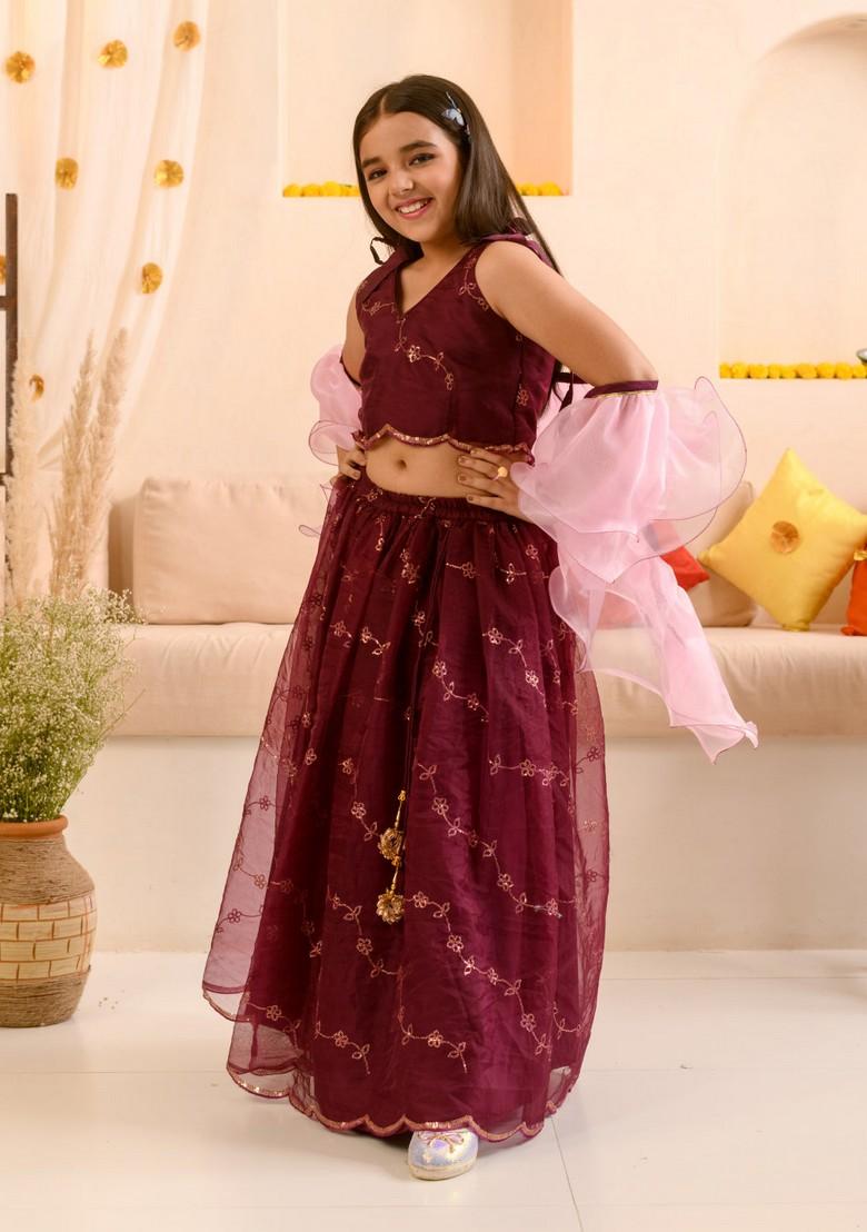 Wine Embellished Lehenga With Blouse With Dupatta (Set of 3)