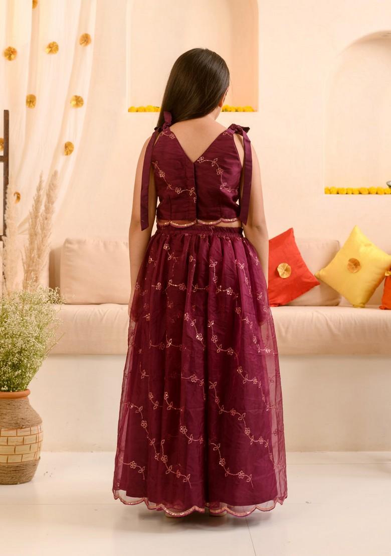 Wine Embellished Lehenga With Blouse With Dupatta (Set of 3)