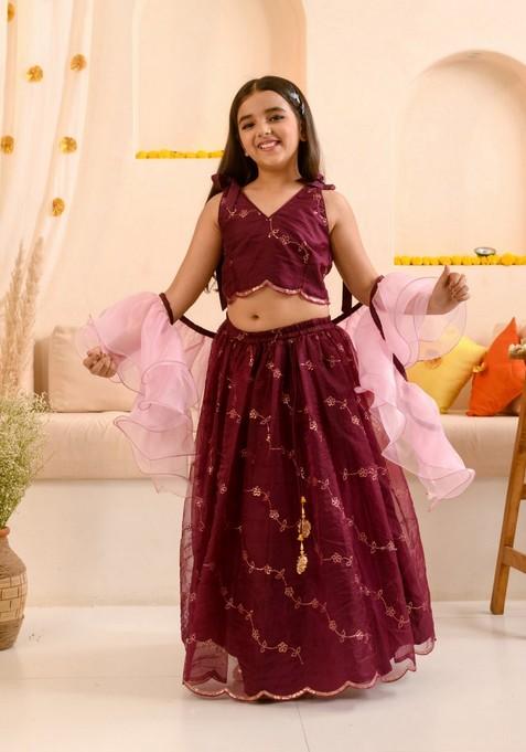 Wine Embellished Lehenga With Blouse With Dupatta (Set of 3)