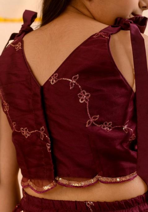 Wine Embellished Lehenga With Blouse With Dupatta (Set of 3)
