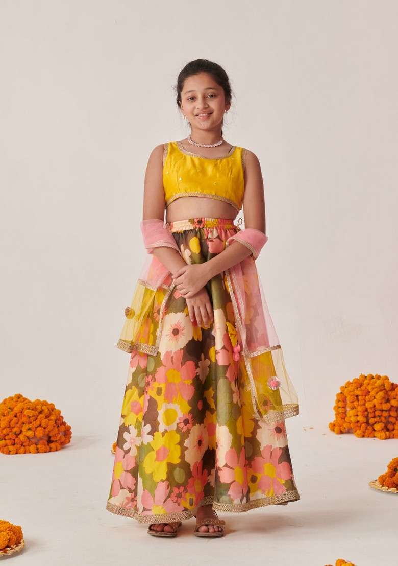 Yellow Embroidered Lehenga With Blouse With Dupatta (Set of 3) - Indya