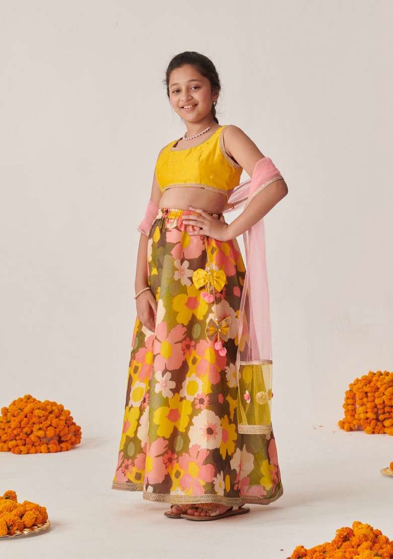 Yellow Embroidered Lehenga With Blouse With Dupatta (Set of 3) - Indya