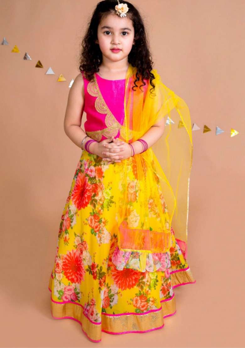 Yellow Embroidered Lehenga With Blouse With Dupatta (Set of 3) - Indya
