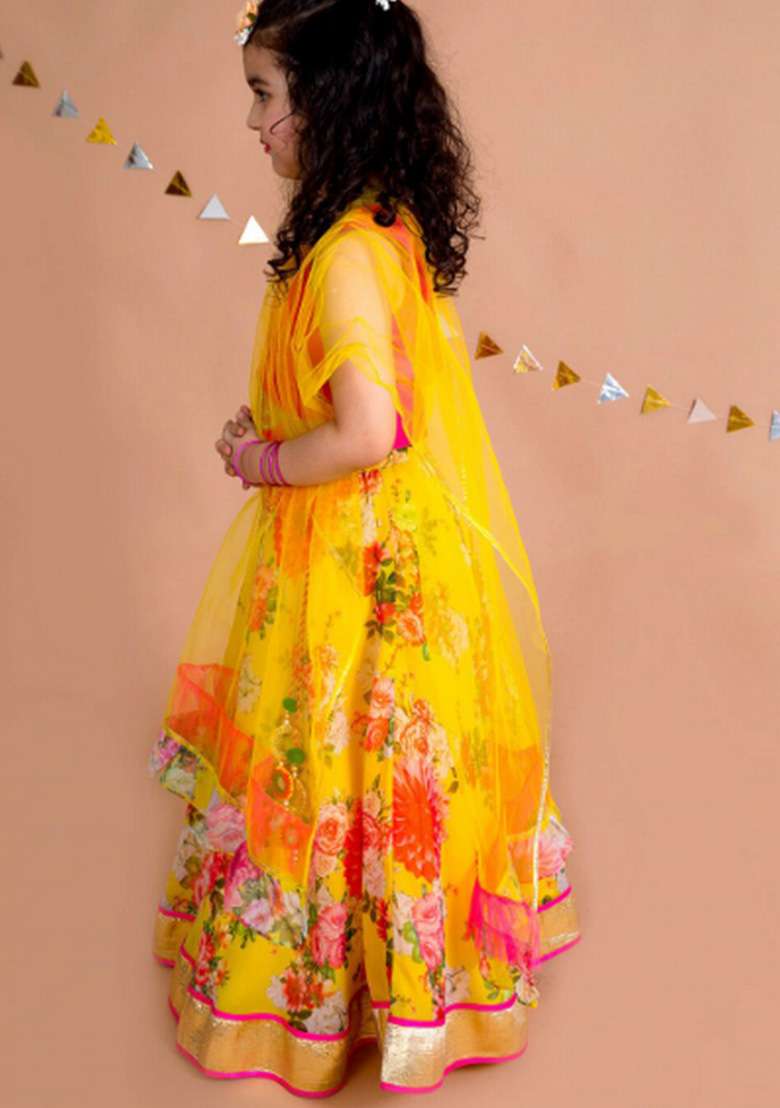 Yellow Embroidered Lehenga With Blouse With Dupatta (Set of 3) - Indya