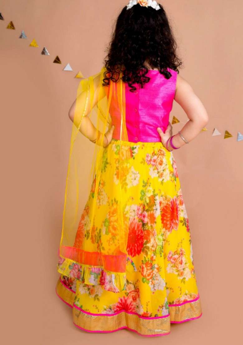 Yellow Embroidered Lehenga With Blouse With Dupatta (Set of 3) - Indya
