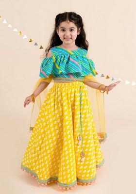Yellow And Turquoise Blue Printed Lehenga With Blouse With Dupatta (Set of 3)
