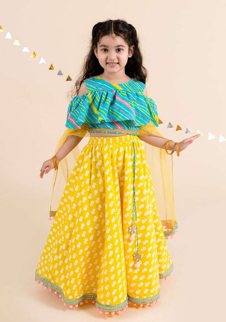 Yellow And Turquoise Blue Printed Lehenga With Blouse With Dupatta (Set of 3) - Indya