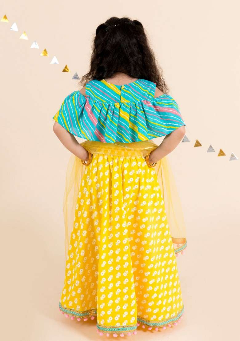 Yellow And Turquoise Blue Printed Lehenga With Blouse With Dupatta (Set of 3) - Indya