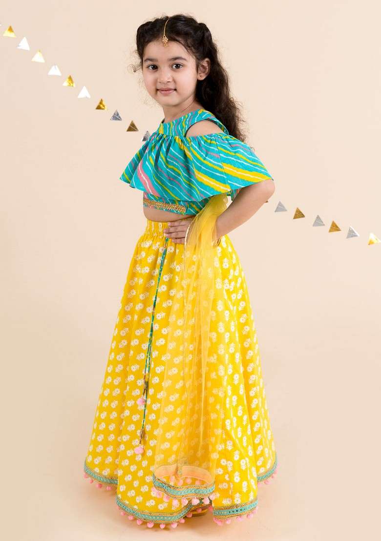 Yellow And Turquoise Blue Printed Lehenga With Blouse With Dupatta (Set of 3) - Indya