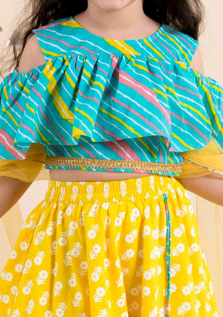 Yellow And Turquoise Blue Printed Lehenga With Blouse With Dupatta (Set of 3) - Indya
