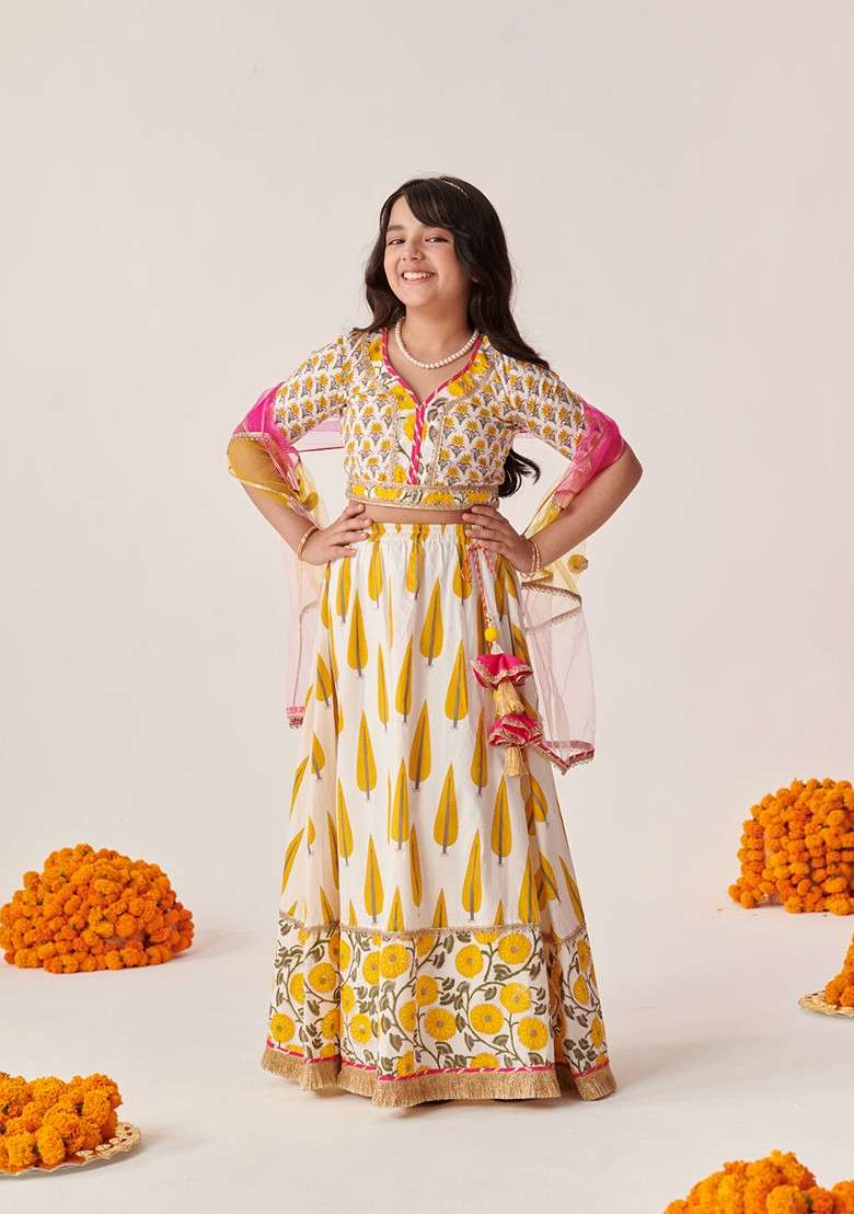 Yellow Printed Lehenga With Blouse With Dupatta (Set of 3) - Indya