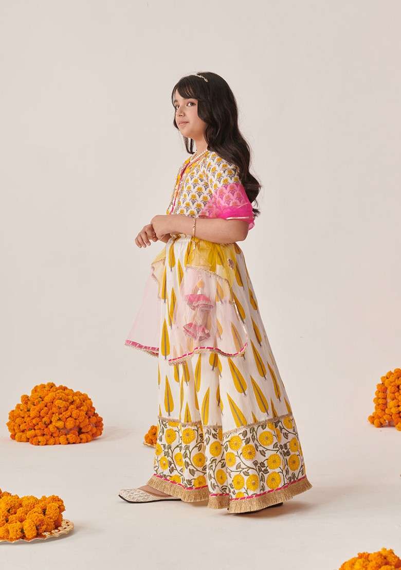 Yellow Printed Lehenga With Blouse With Dupatta (Set of 3) - Indya