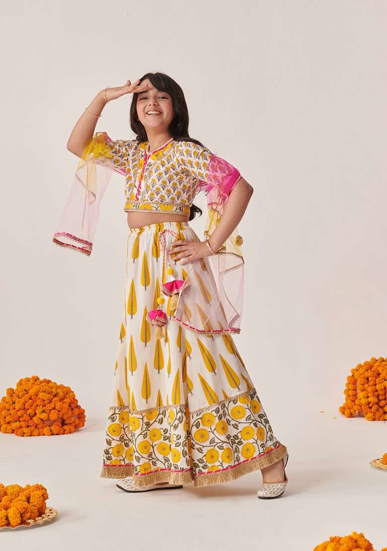 Yellow Printed Lehenga With Blouse With Dupatta (Set of 3) - Indya