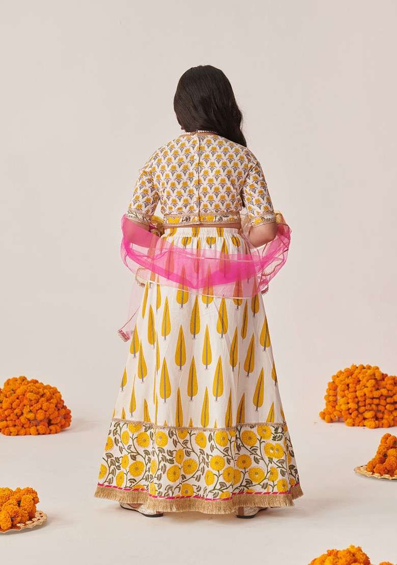 Yellow Printed Lehenga With Blouse With Dupatta (Set of 3) - Indya