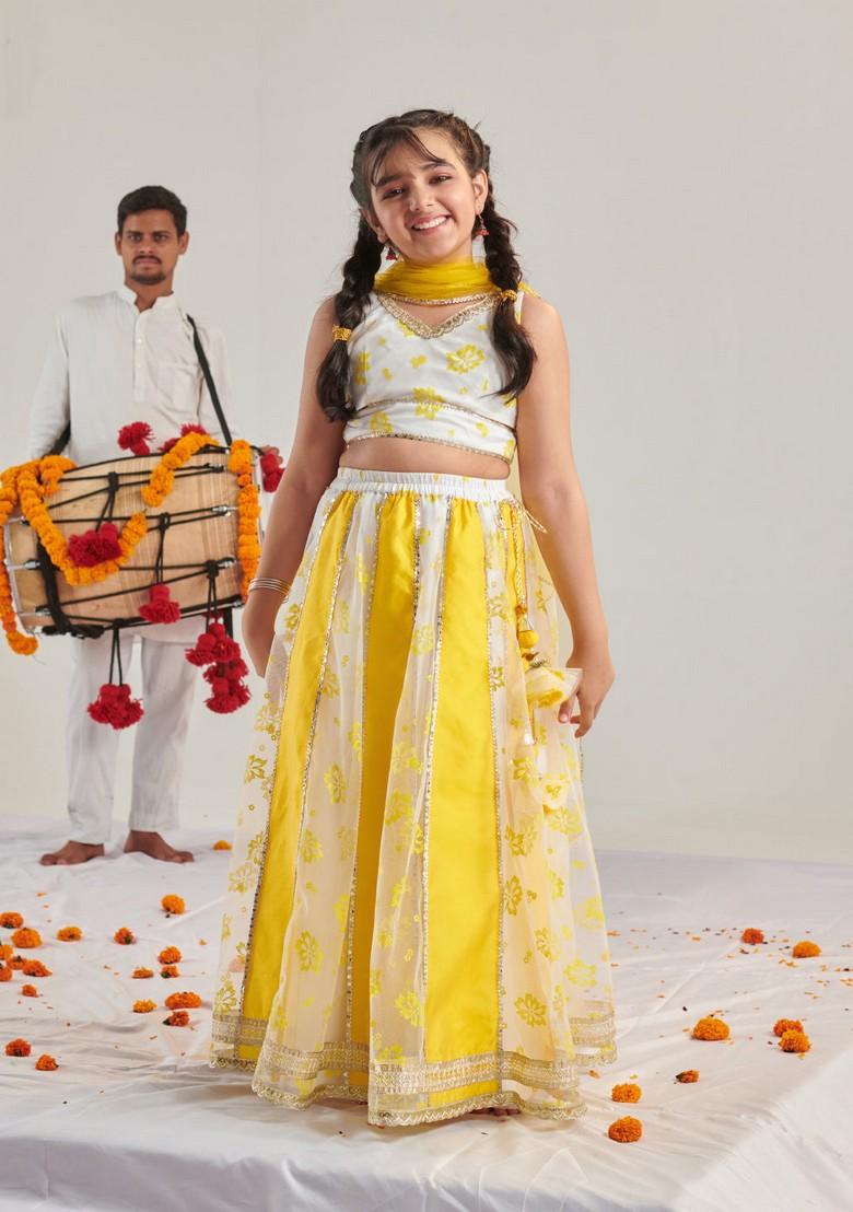 Yellow Printed Lehenga With Blouse With Dupatta (Set of 3)