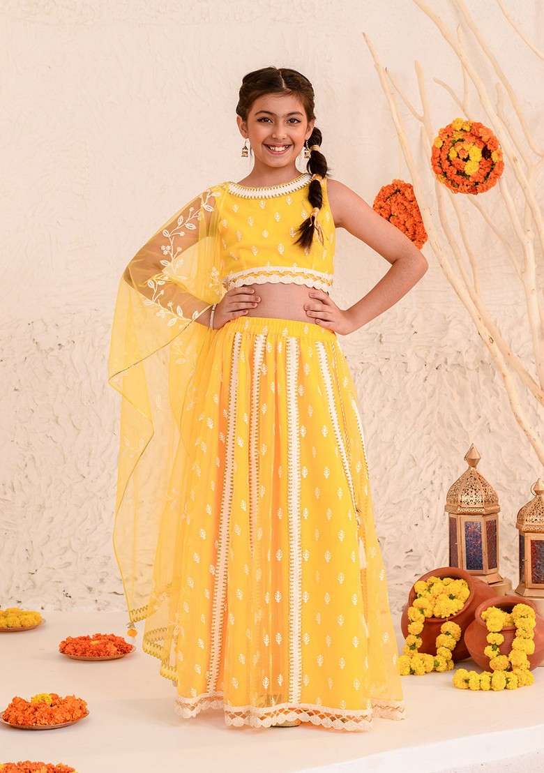 Yellow Embroidered Lehenga With Blouse With Dupatta (Set of 3) - Indya