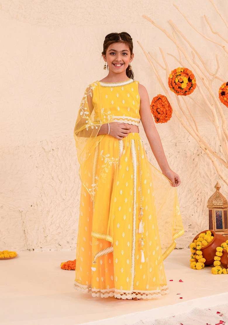 Yellow Embroidered Lehenga With Blouse With Dupatta (Set of 3) - Indya