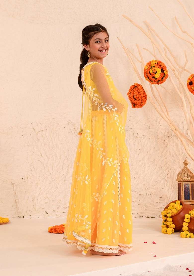 Yellow Embroidered Lehenga With Blouse With Dupatta (Set of 3) - Indya