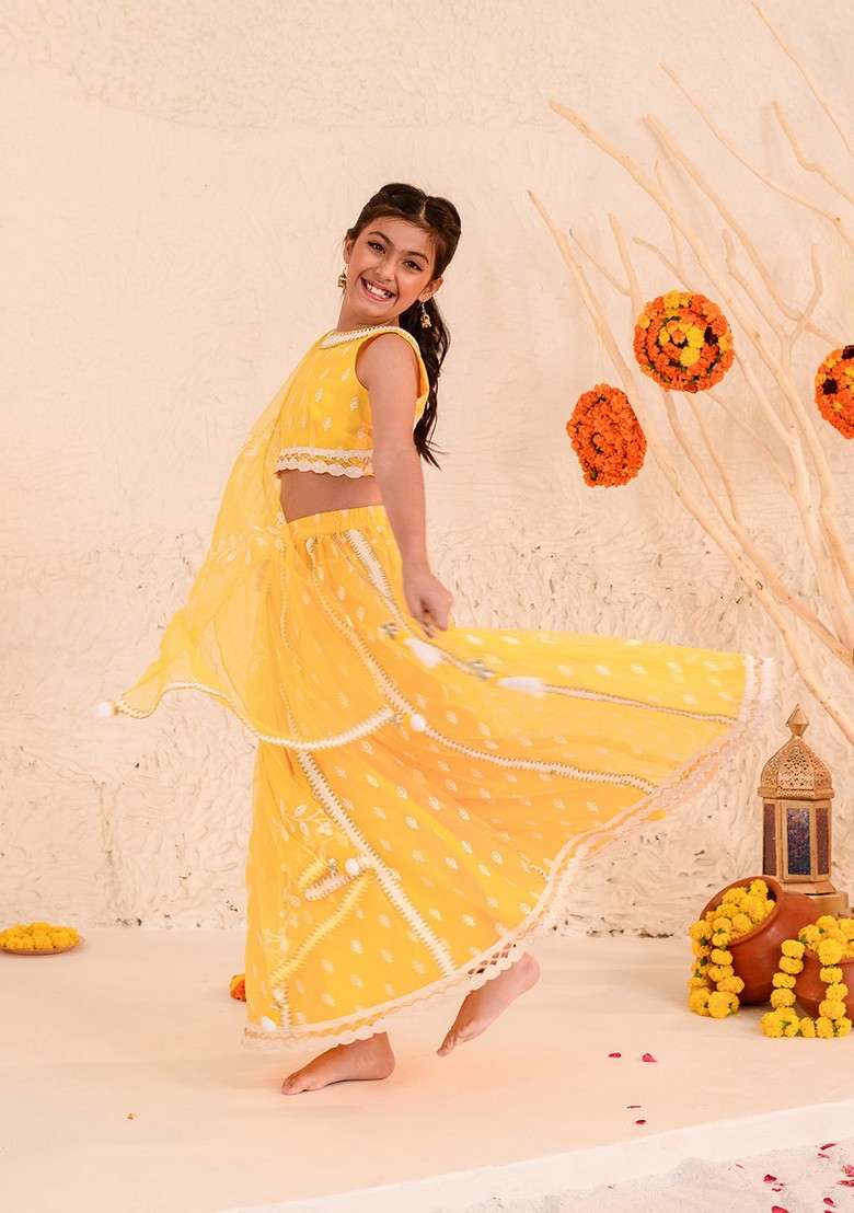 Yellow Embroidered Lehenga With Blouse With Dupatta (Set of 3) - Indya
