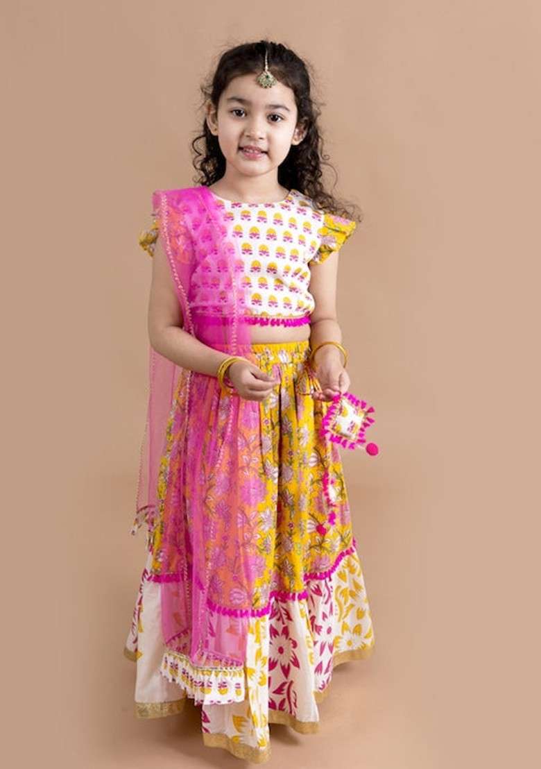 Yellow Printed Lehenga With Blouse With Dupatta (Set of 3) - Indya