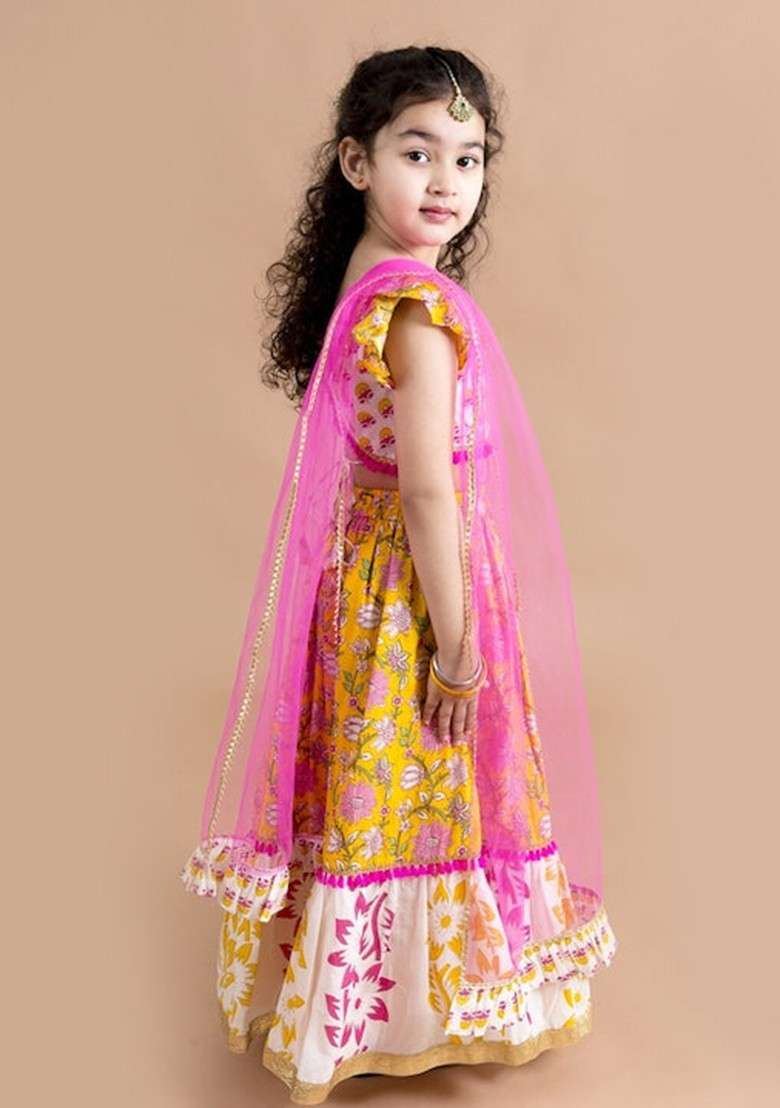 Yellow Printed Lehenga With Blouse With Dupatta (Set of 3) - Indya