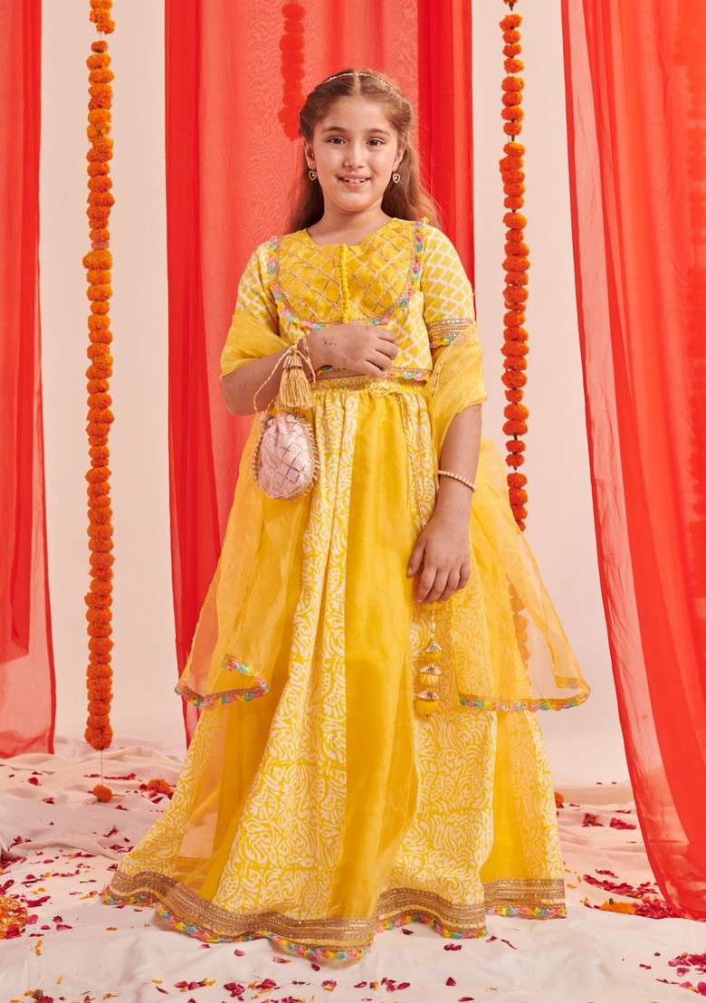Yellow Printed Lehenga With Blouse With Dupatta (Set of 3) - Indya