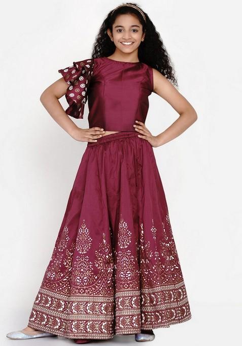 Burgundy Printed Lehenga With Blouse (Set of 2)