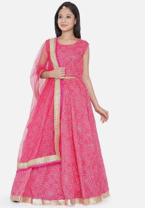 Pink Printed Lehenga With Blouse And Dupatta (Set of 3)