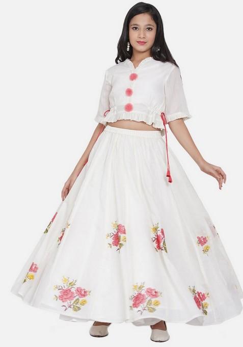 White Embroidered Lehenga With Blouse (Set of 2)