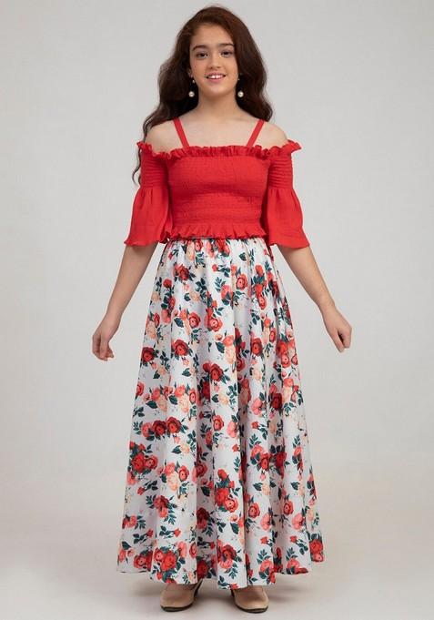 Red Printed Lehenga With Blouse (Set of 2)